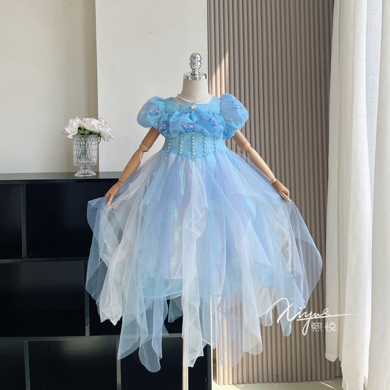 Children's Summer New Girl's Bubble Sleeve Princess Dress Little Girl's High-End Heavy Work Birthday Dress Gauze Dress Frozen