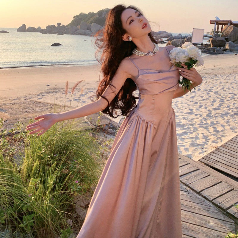 2025 gentle princess dress dress, a-word large skirt, super good-looking high-end temperament waist seaside vacation dress