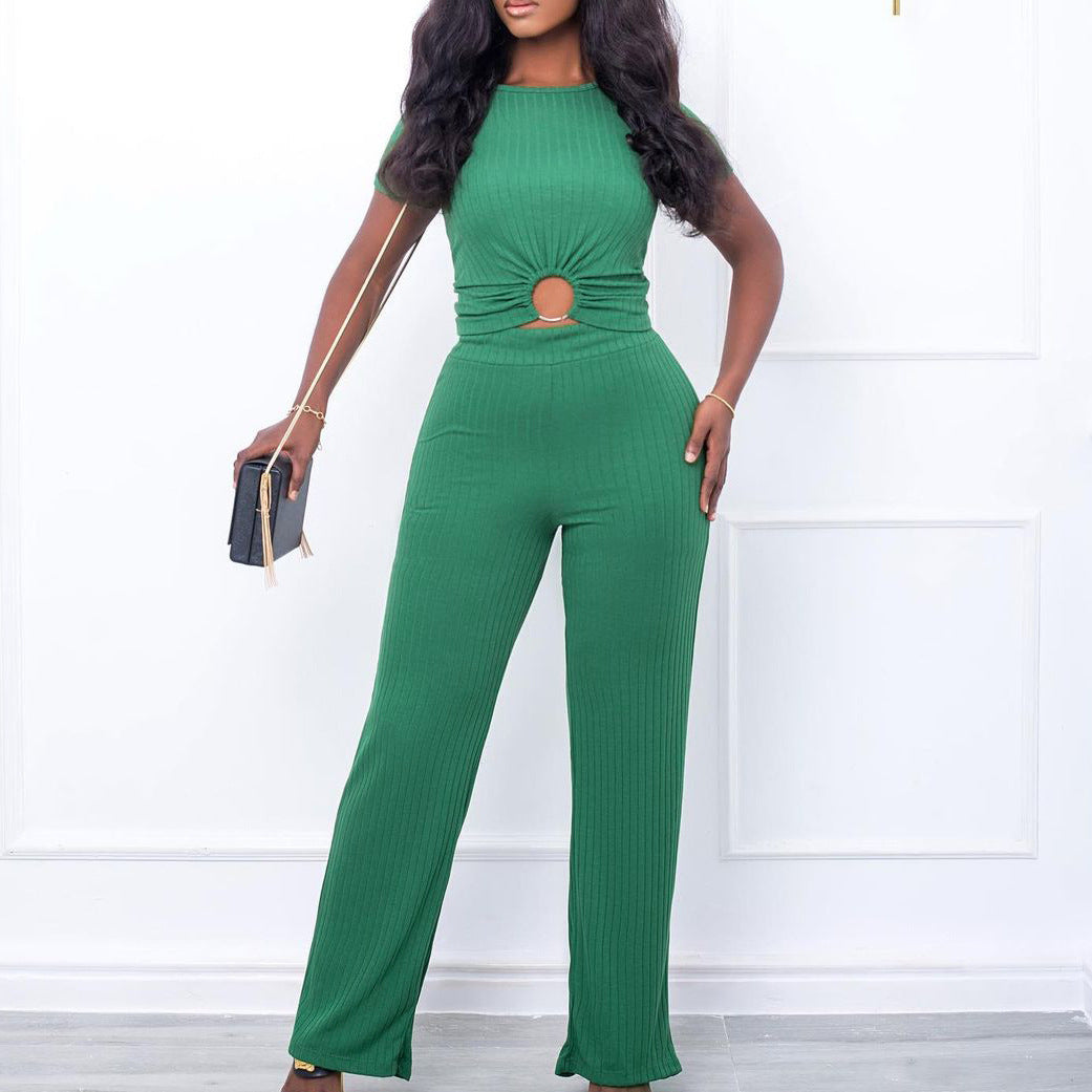 2025 D277 New supply popular summer new solid color pit strip casual fashion suit 2025 two-piece set