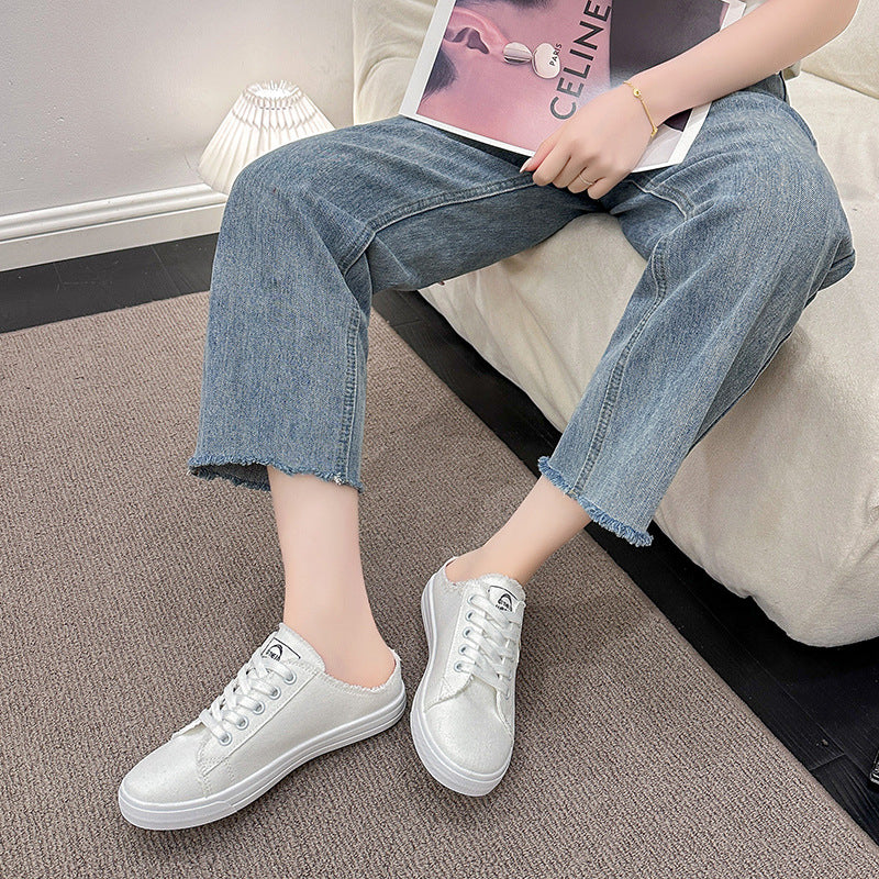 xakxx Spring and Autumn New Canvas Shoes Female Students Half Slippers Slip-on Lofter Versatile Breathable Casual White Shoes Fashion