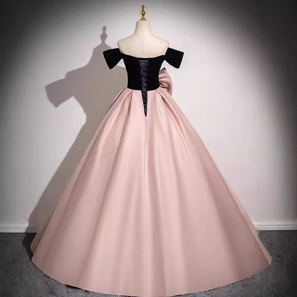 Pink evening dress 2025 new one-word shoulder super fairy satin princess dress birthday party art test dress dress dress