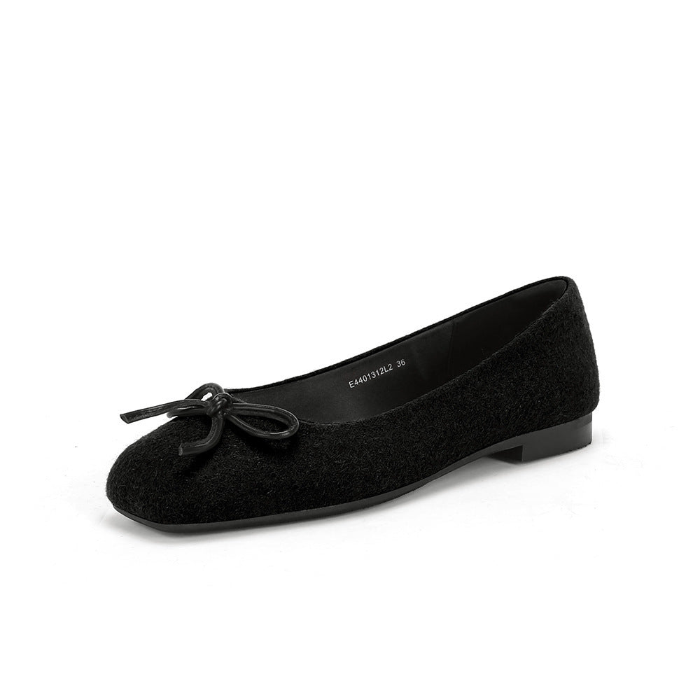 2025 Sheepskin version~ Su Yinyin has the same soft-soled retro flat-bottomed bow, shallow mouth flat-soled single shoes, female grandma shoes, commuting