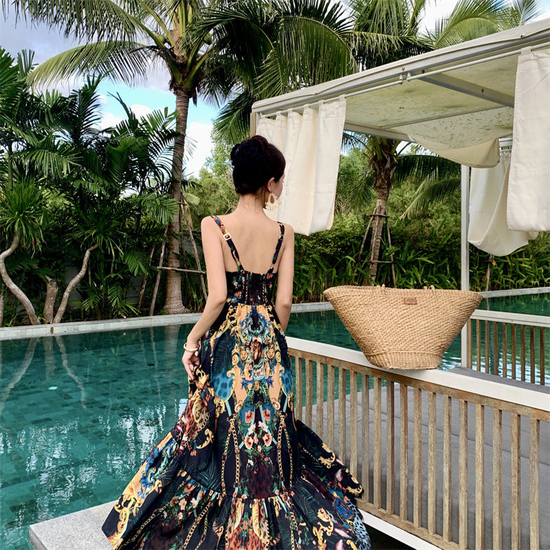 2025 Exotic suspender dress 2025 new retro chic printing design sense women's clothing seaside vacation dress