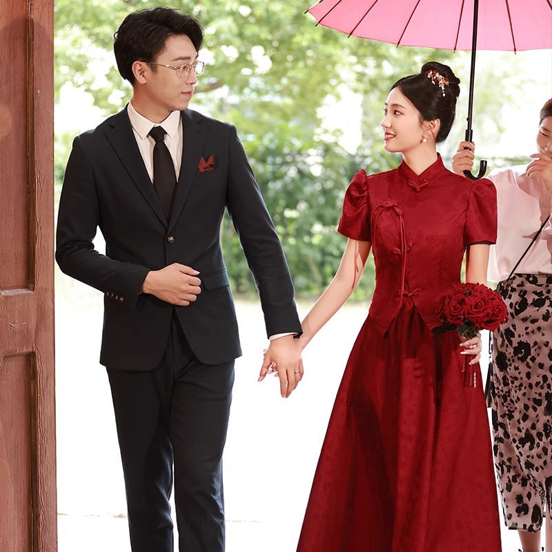 2025 New Chinese toast popular new bridal return dress burgundy engagement dress women's show clothes