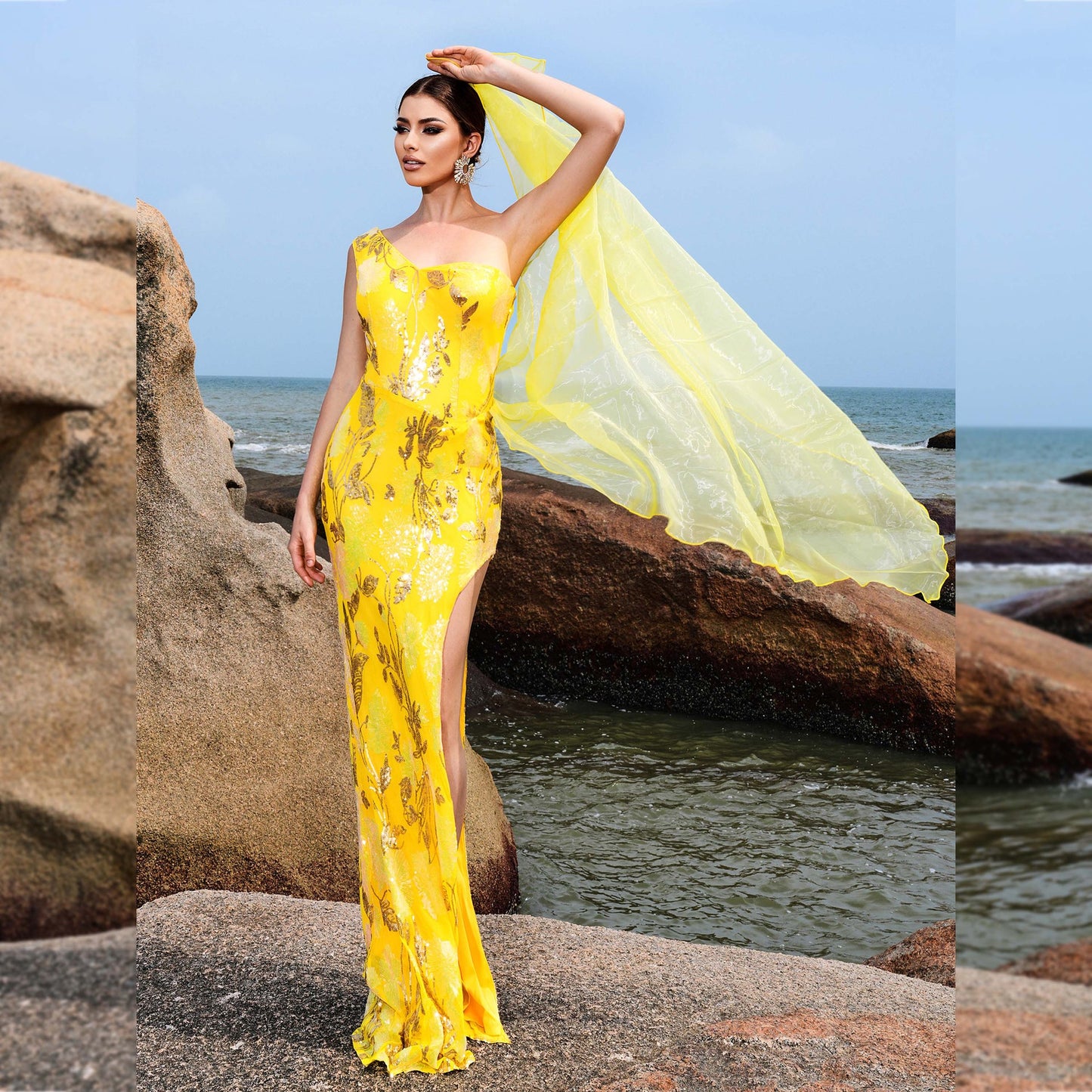 2025 sleeveless temperament single shoulder sexy slim long sequined banquet evening dress bridesmaid dress women