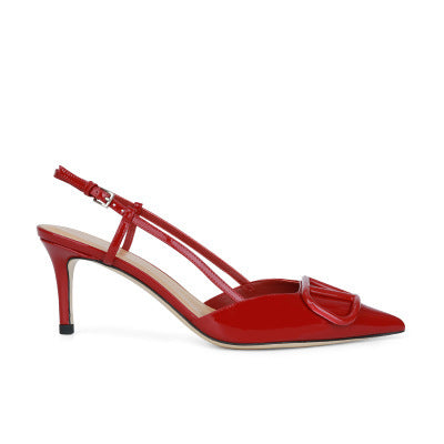 2025 Cowhide version~ Grape mother same shoes versatile temperament pointed V buckle high heels women patent leather rear empty heel sandals women