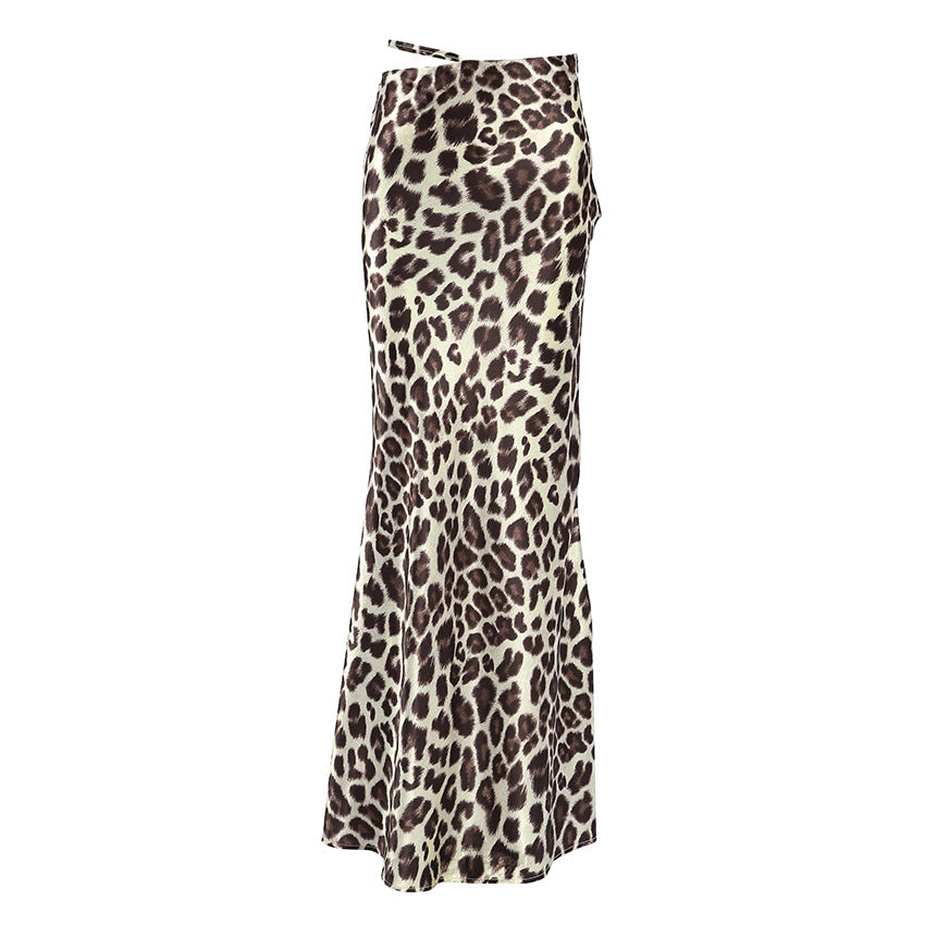 XAKXX Spring and summer new fashion thin bright satin leopard print slim slim skirt 2025 mid-waist strap-up dress