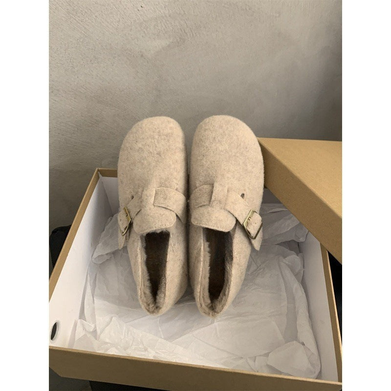 2025 Birkenstock shoes women's autumn and winter velvet popular new Korean version retro flat-bottomed one-pedal thermal cotton shoes