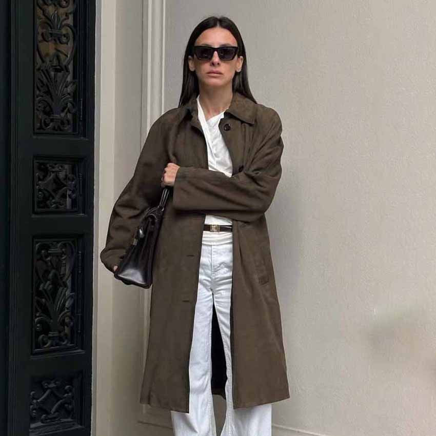 XAKXX 2025 spring and summer casual versatile retro classic brown long knitted suede long-sleeved tooling trench coat women
