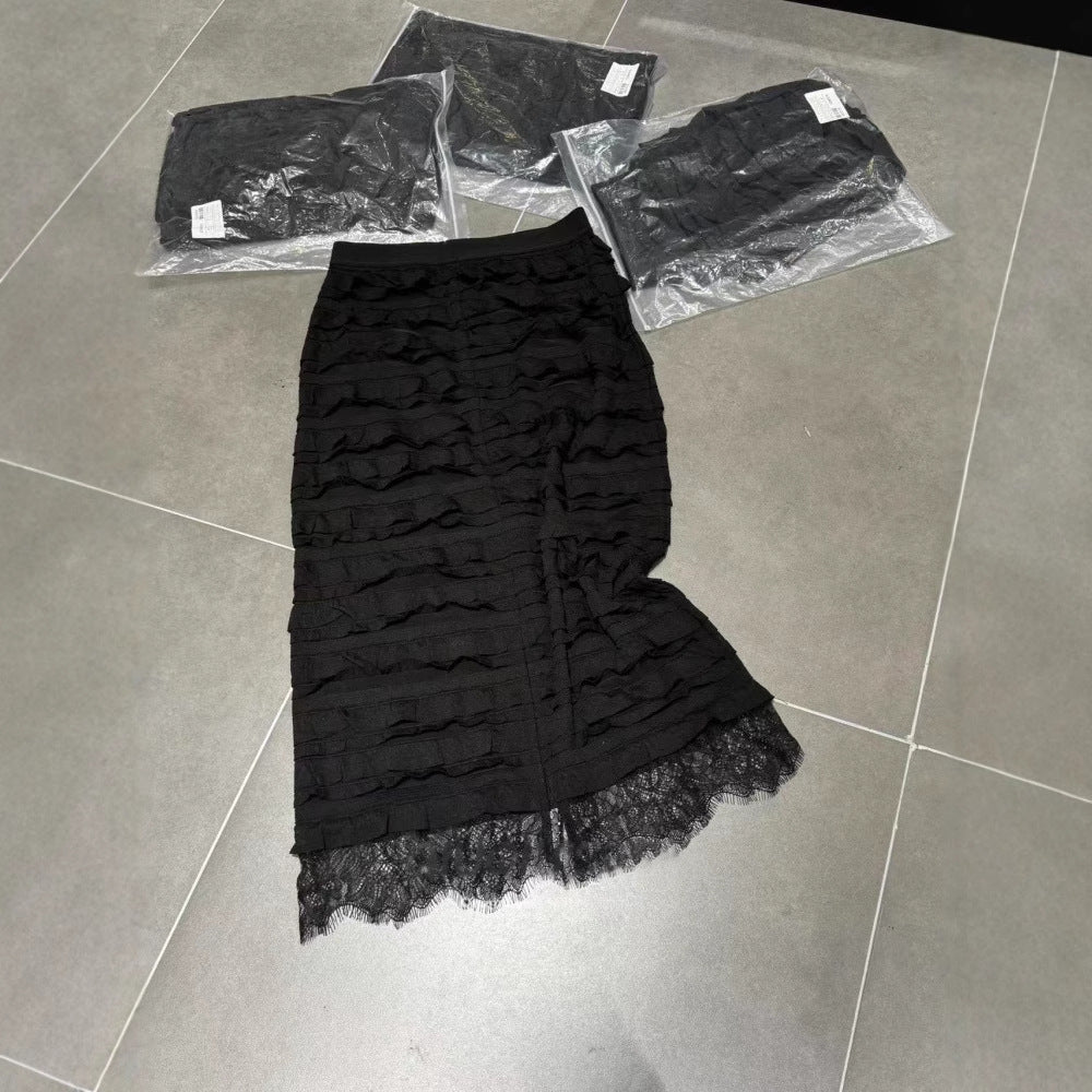 2025 Spring , fashionable pleated hem lace stitching slim versatile skirt