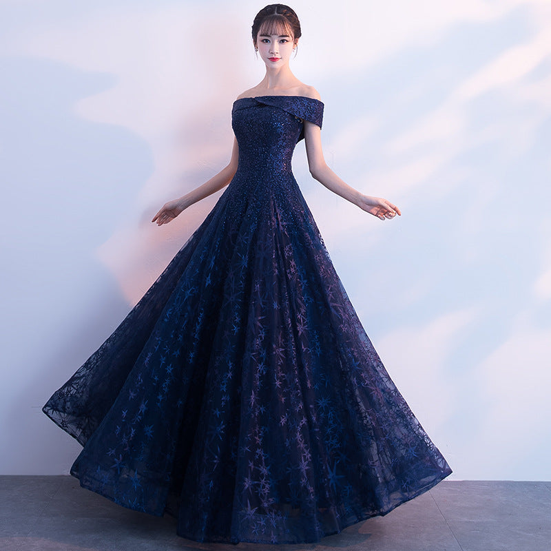 2025 One-word shoulder evening dress popular autumn new elegant aura queen fairy dream long banquet dress dress dress girl