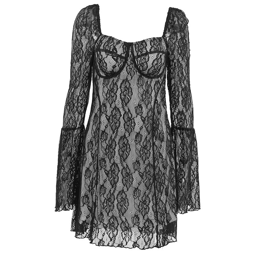 XAKXX 2025Autumn Black Sexy Design Sense Lace Hollow Temperament Square Neck Bubble Sleeve Slim Lace-up Dress Women