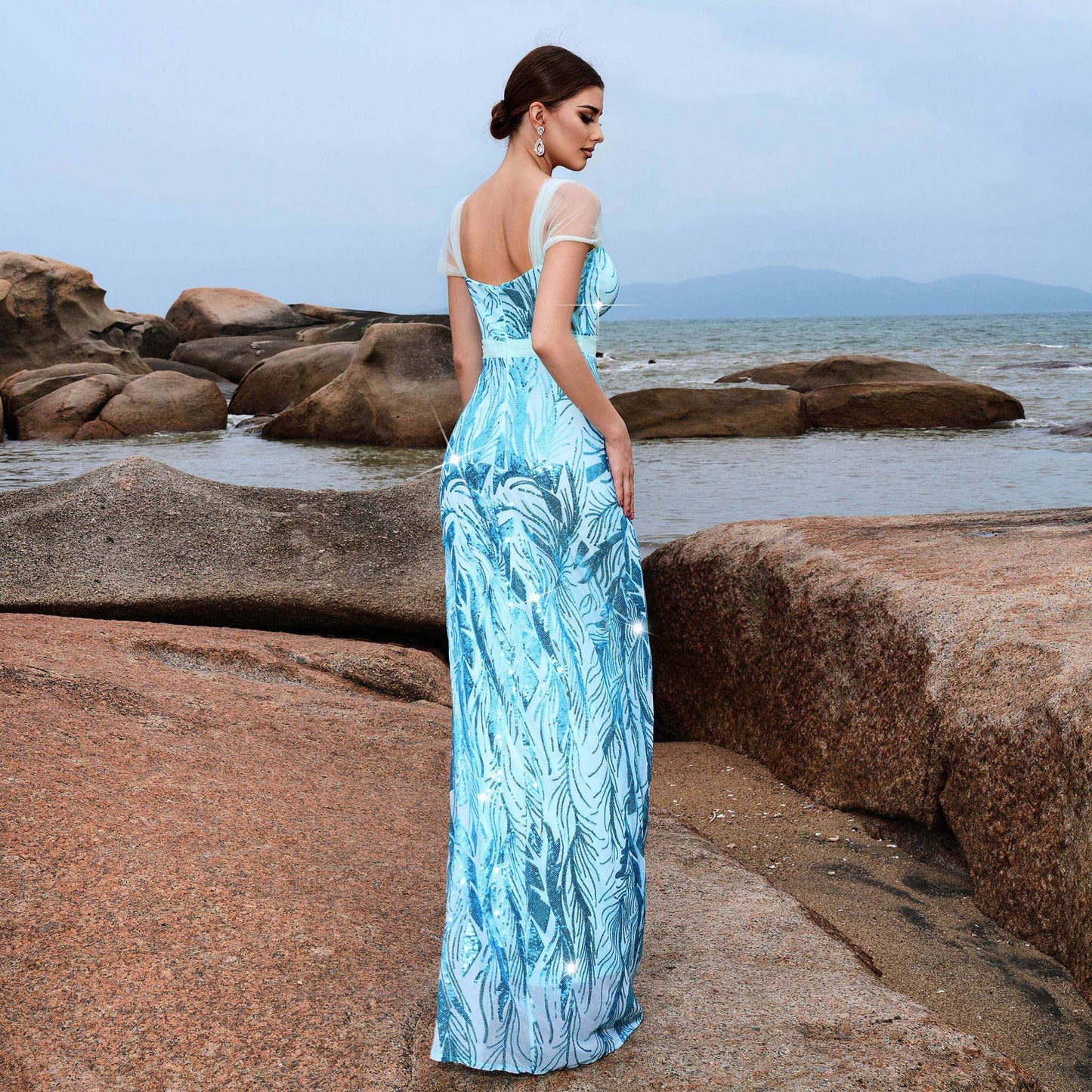 2025 sleeveless temperament square collar sexy slim long sequined banquet evening dress bridesmaid dress women