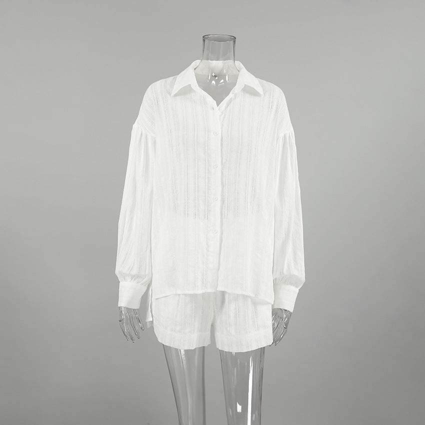 XAKXX Spring and summer fashion simple style versatile comfortable white cotton loose convex jacquard sexy long-sleeved shorts two-piece set