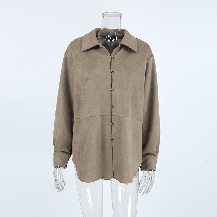 XAKXX 2025 spring and summer retro style khaki knitted suede loose lapel shirt sleeves 2025 niche versatile shirt women