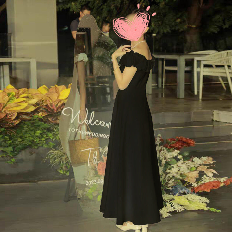 2025 spring white dress skirt pleated off-the-shoulder one-word collar elastic slim and thin two-length dress