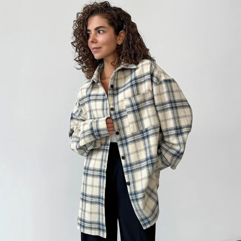 XAKXX American lapel loose plaid long-sleeved women's shirt New 2025 autumn and winter fashion new wholesale coat