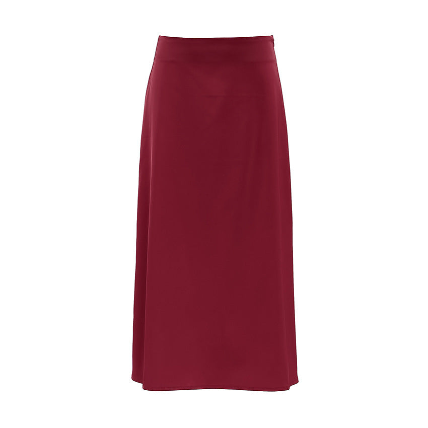 XAKXX Autumn and winter elegant burgundy premium thick matte satin high waist skirt versatile loose dress