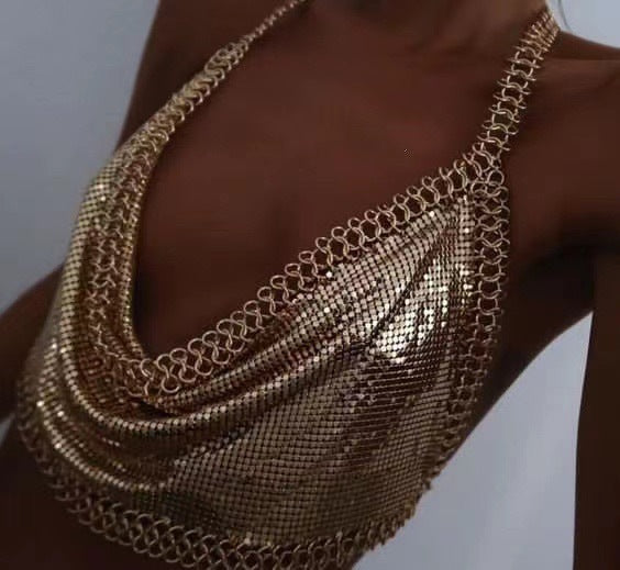 2025 MW3206 vest rhinestone inlaid sequins flat sheet metal chain splicing V-neck neck top small vest