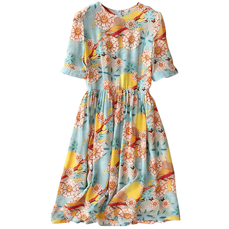 2025 Silk dress women's summer new casual versatile GAO end printed mulberry silk temperament women's mid-skirt