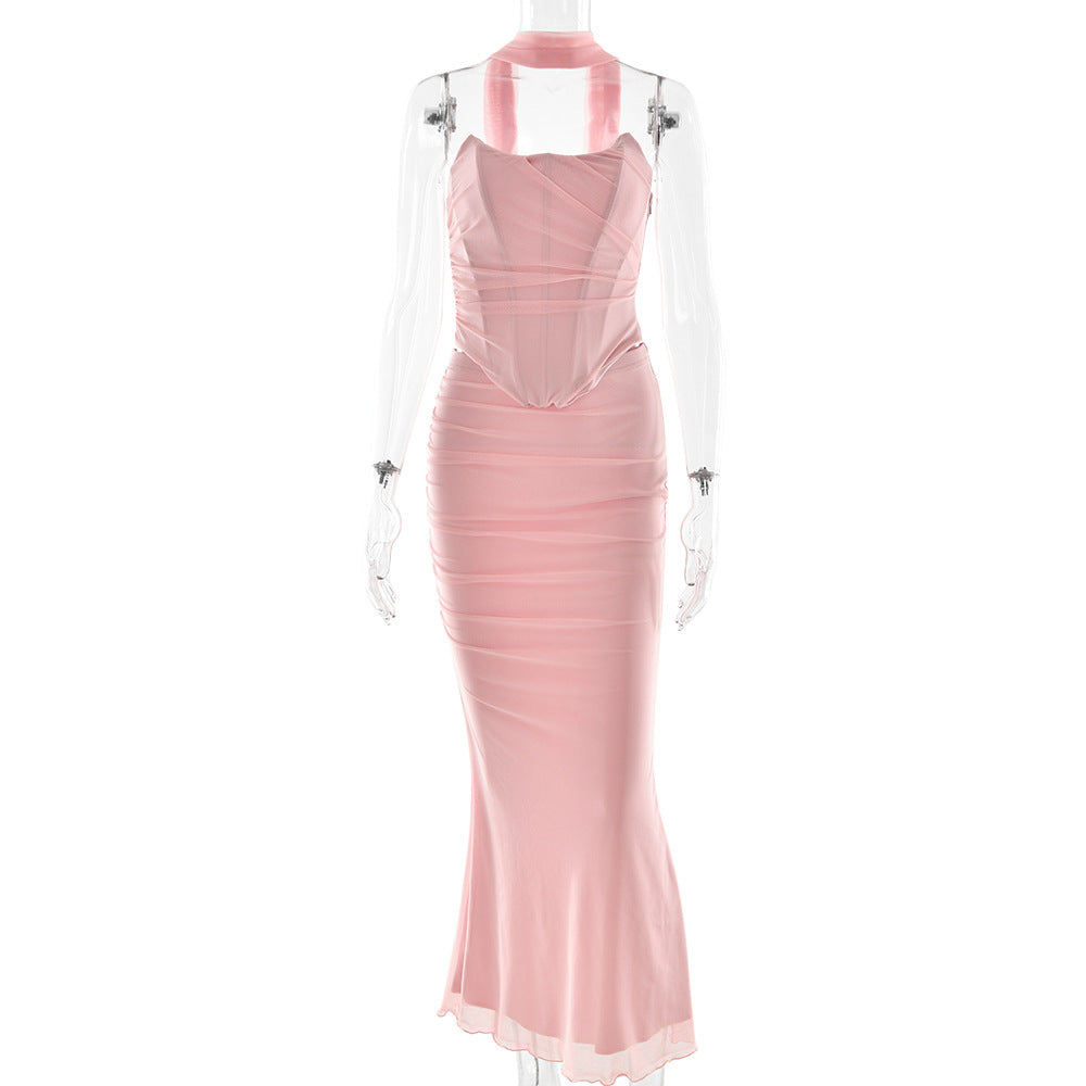 2025 style New popular autumn and winter fashion new tube top strap-on neck high waist slim-fitting hip skirt set