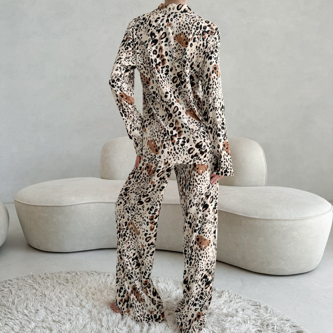 XAKXX 2025popular 2025 autumn new products are fashionable and elegant leopard print four-sided elastic cardigan trousers women's two-piece set