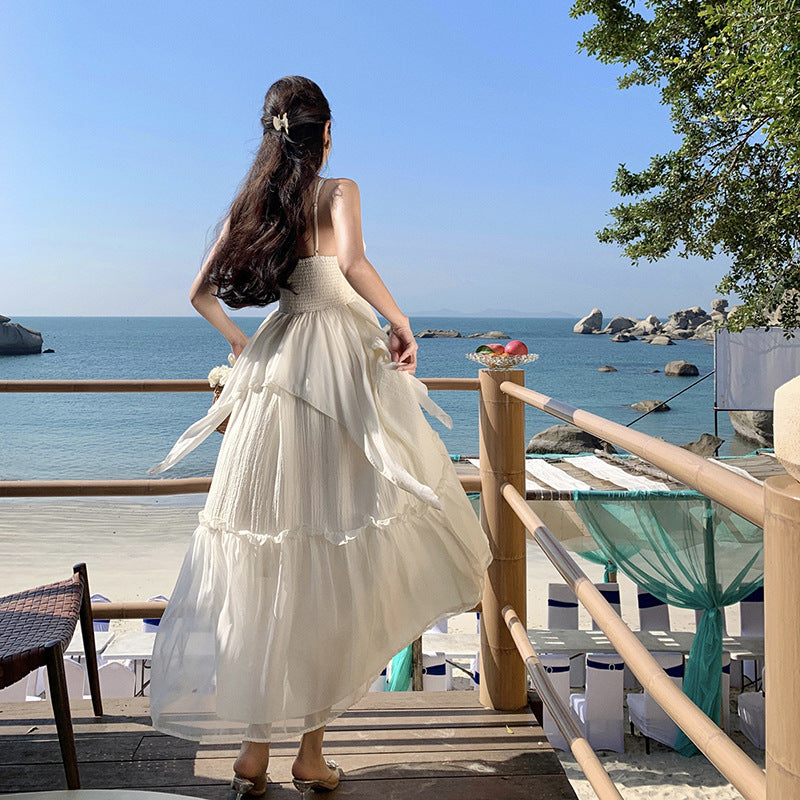 2025 Dopamine beautiful small skirt summer seaside ruffle edge suspender dress island vacation skirt atmosphere beach skirt