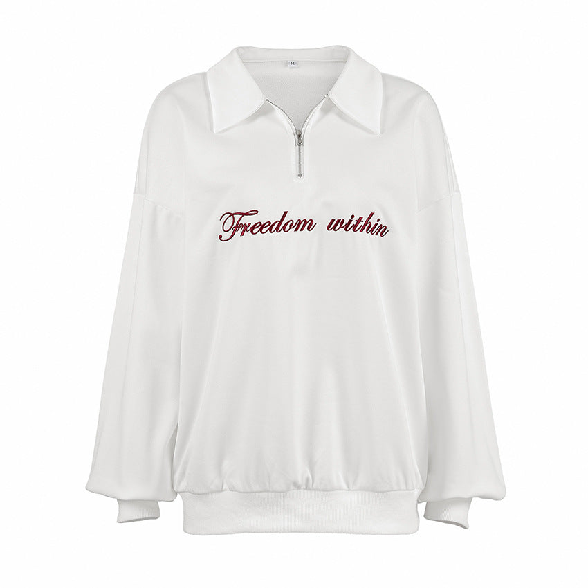 XAKXX Casual Autumn Fashion Embroidery Classic White Lapel Loose Knitted American Sweater Spice Girl Versatile Top Women's Clothing
