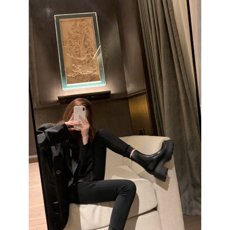 2025 Leg fine boots~ thick heel thick sole rear zipper leg elastic short boots female Martin thin boots