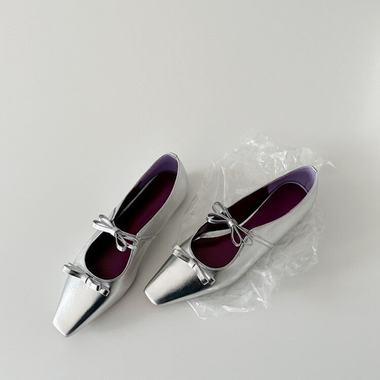2025 Sheepskin version~ Small square head temperament bow light mouth single shoe inner height increase word belt silver Mary Jane shoes