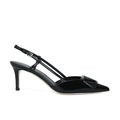 2025 Cowhide version~ Grape mother same shoes versatile temperament pointed V buckle high heels women patent leather rear empty heel sandals women