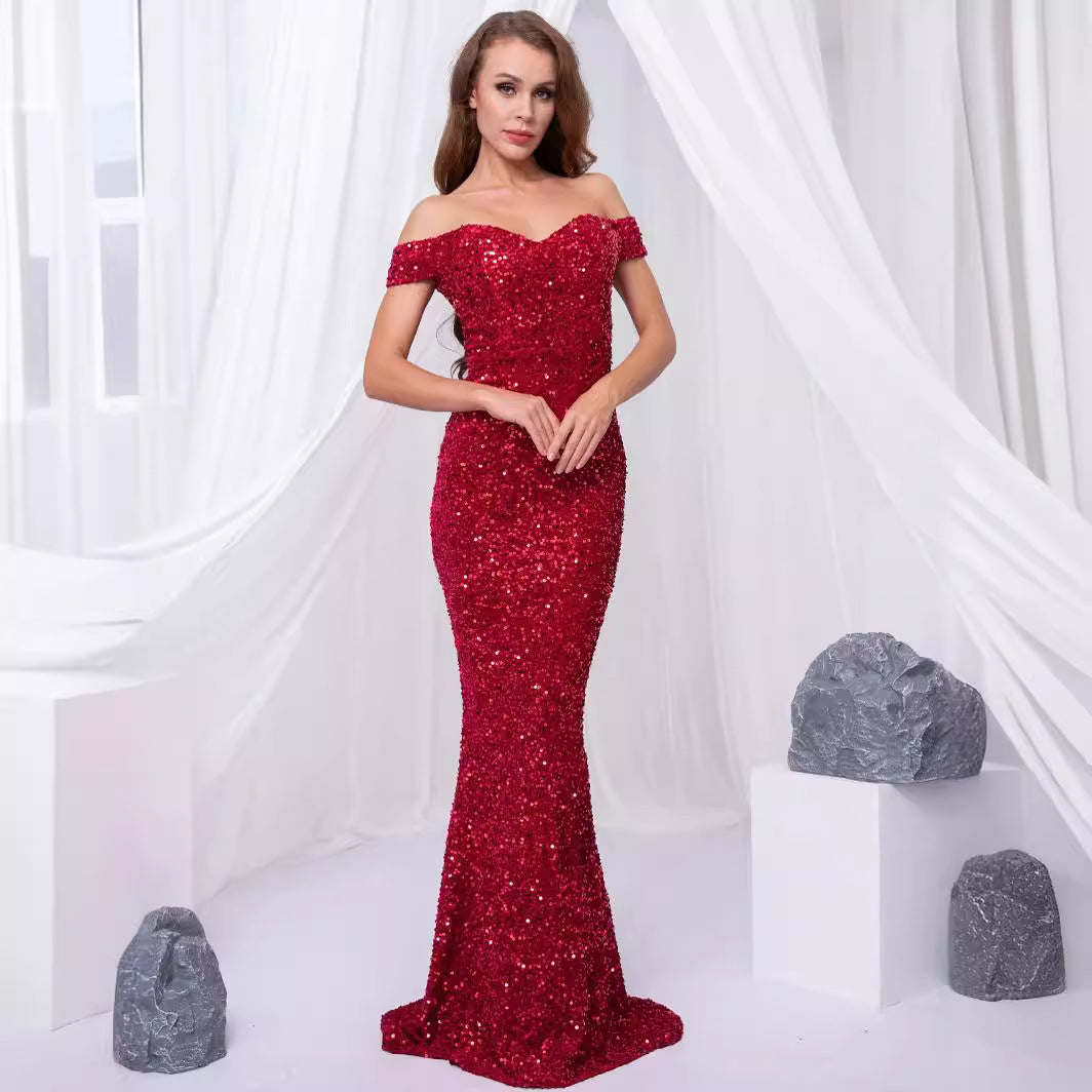 XAKXX 2025 popular new spring and summer banquet design single shoulder sequins gold heavy industry evening dress women's fishtail dress dress