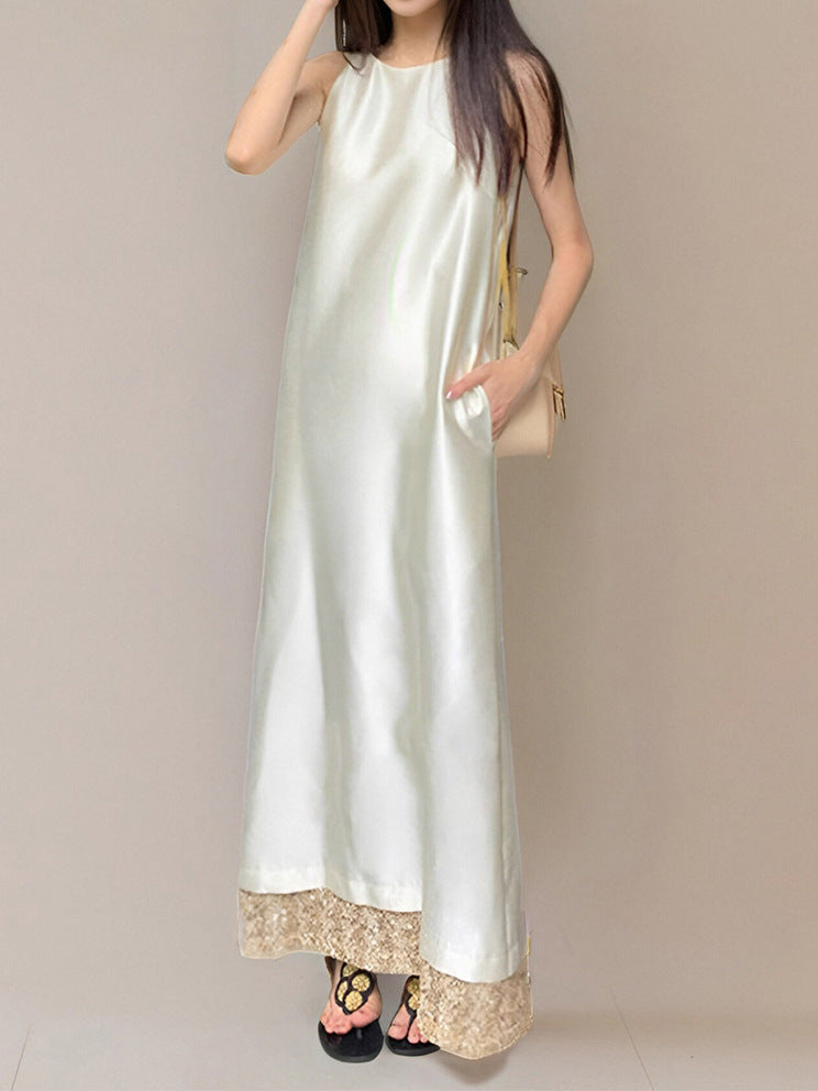 2025 satin neck-hanging thin dress women's clothing summer new high-end loose contrasting color dress
