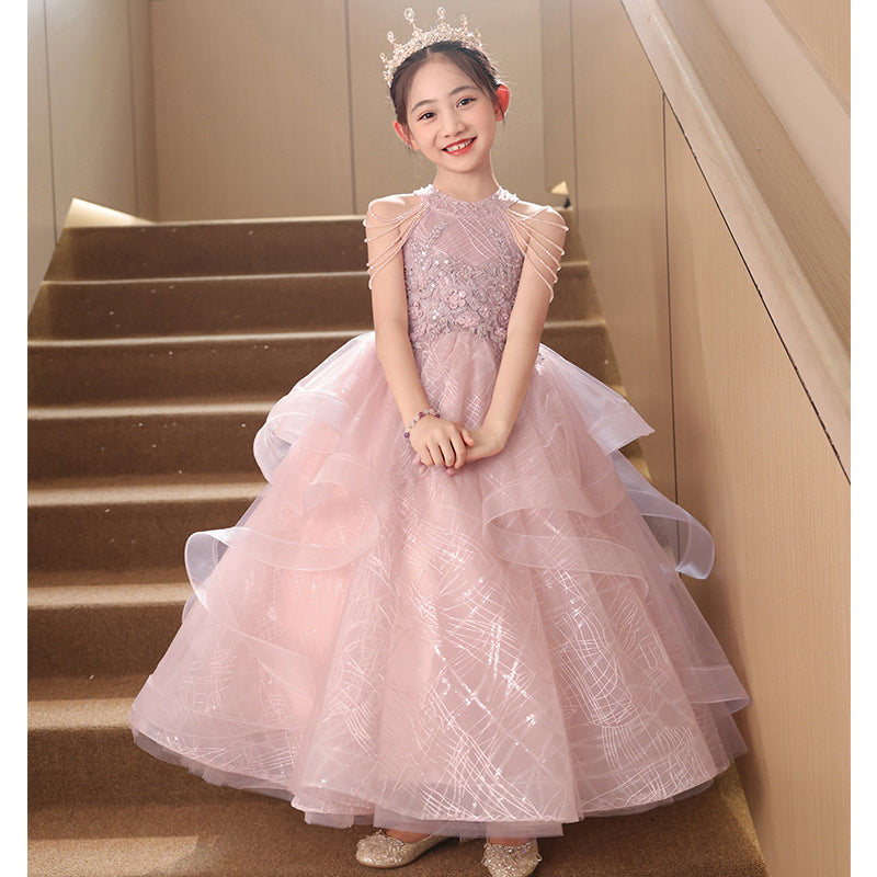Children's Dress Girls Birthday Princess Dress Dresses of Bride Fellow Kids Light Luxury Minority Children Host Piano Performance Pink
