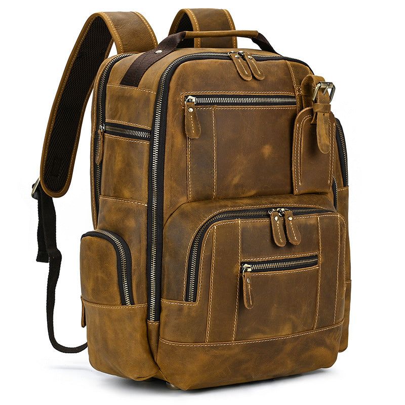 Popular Retro Men's Backpack Crazy Horse Leather Backpack Multi-Functional Cowhide Schoolbag Large Capacity Shiralee Travel Bag