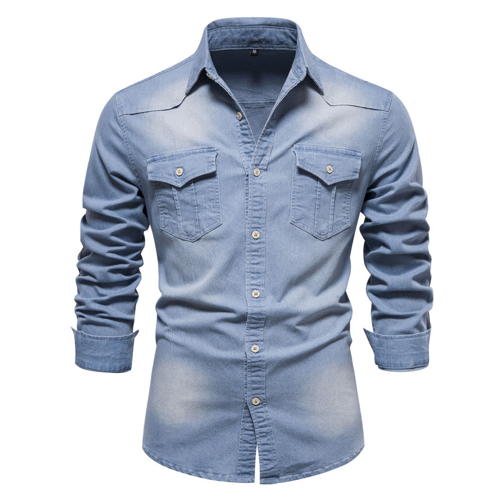 XAKXX 2025 popular Popular trade New explosion men's beautiful size denim shirt men's casual solid color men's denim long-sleeved shirt