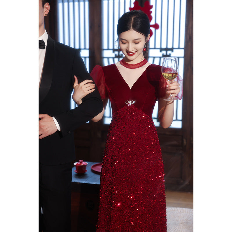 Toast Bride popular New Burgundy Engagement Dress Cross-border Feeling Pavilion Banquet Wedding Evening Dress Women