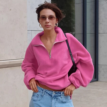XAKXX Autumn and winter new pink lapel fleece sweater New 2025 fashion cross-border wholesale women's lamb fleece top