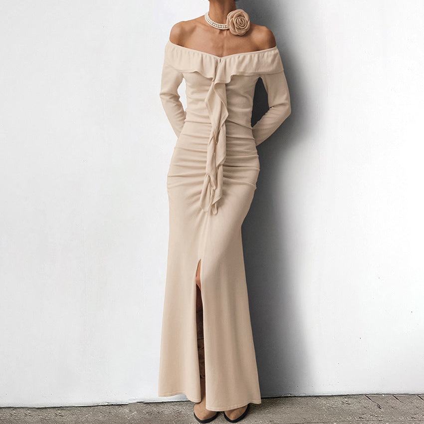 XAKXX 2025Slim-fit ruffle edge dress popular autumn and winter high-end sense khaki one-word neck tube top open fork fish tail long dress women