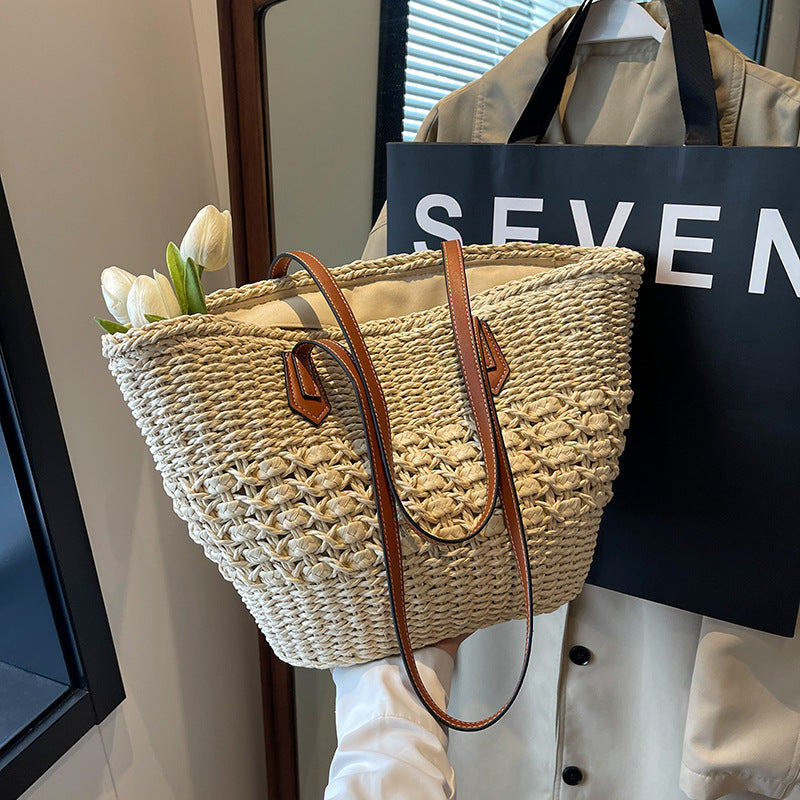 2025 Straw bag ins simple woven tote bag shoulder portable large-capacity women's bag summer vacation beach bag