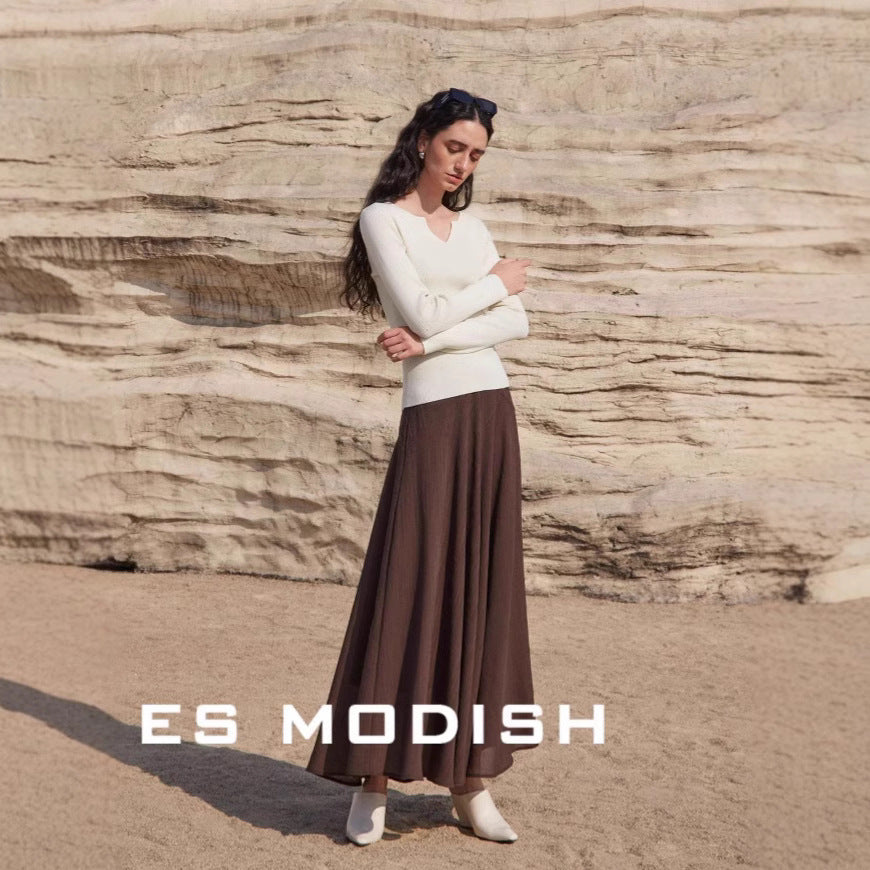 2025 ES MODISH spring new product elegant V-neck slim-fitting long-sleeved knitted sweater high-end Tencel top women