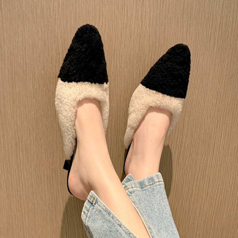 2025 Xiaoxiang fluffy slippers women's wear popular winter color matching velvet high-heeled bag head evening wind half slippers