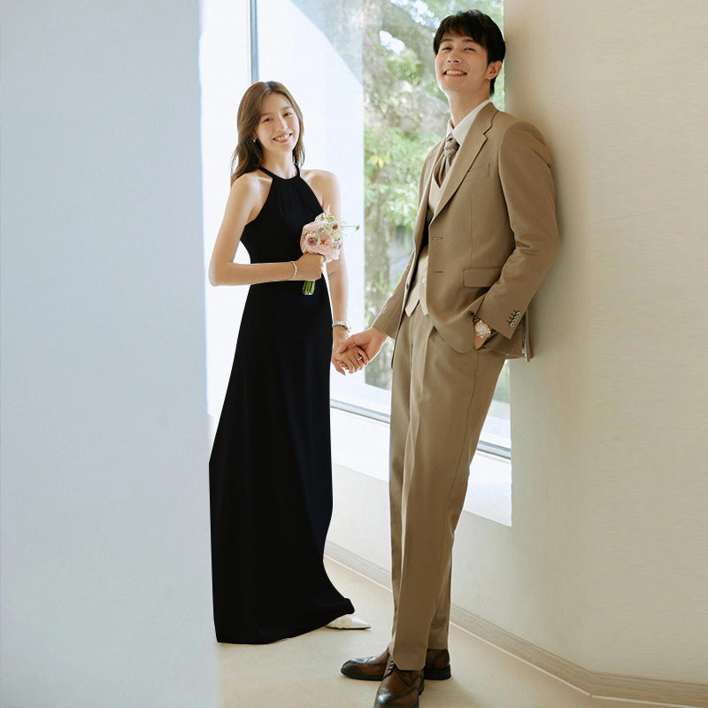 2025 light wedding dress bridal simple temperament white satin pearl neck dress exterior fishtail dress going out yarn