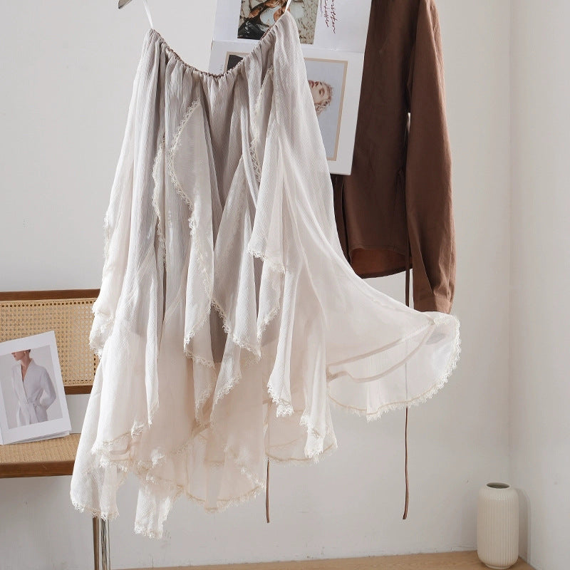 2025 Popularan high-end spring and summer new thin irregular ruffle edge splicing white lace skirt women's yarn skirt