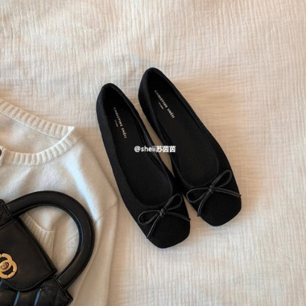 2025 Sheepskin version~ Su Yinyin has the same soft-soled retro flat-bottomed bow, shallow mouth flat-soled single shoes, female grandma shoes, commuting