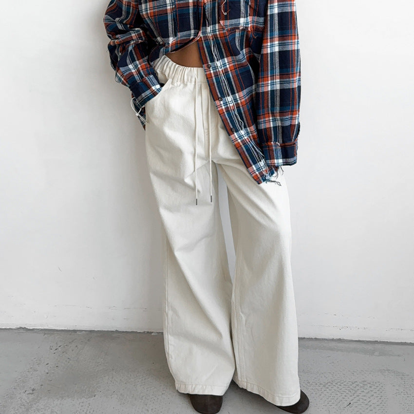 XAKXX 2025 fashion casual temperament, white loose pure cotton lace-up mid-waist versatile wide-footed pants, autumn and winter classic trousers