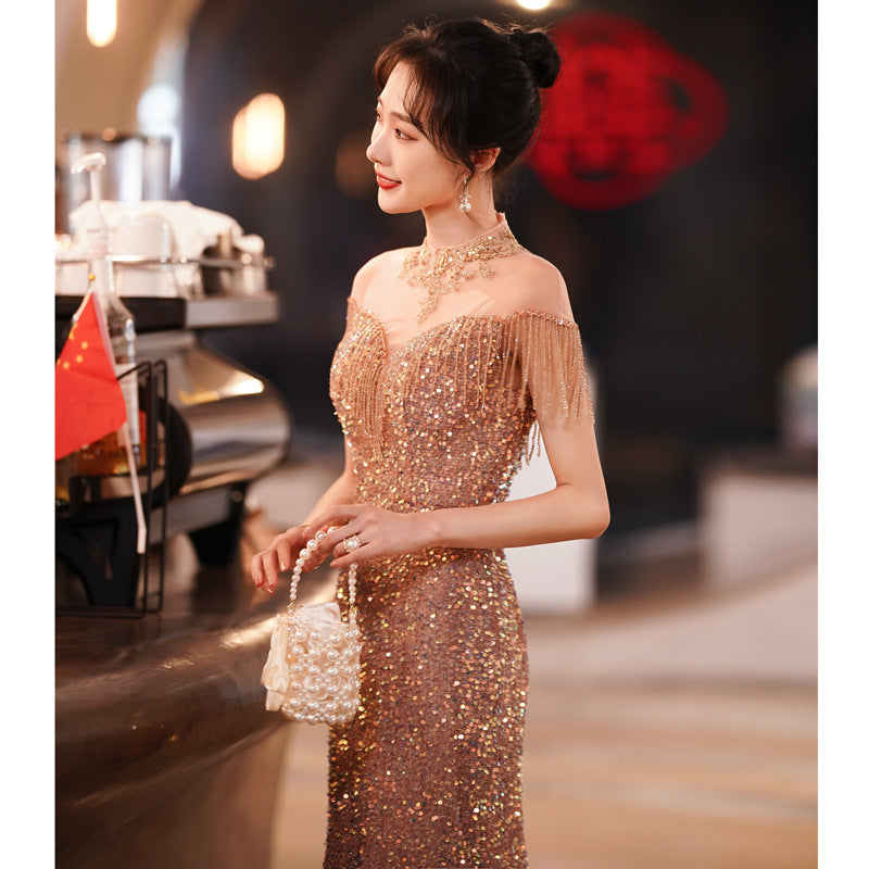 Evening dress women's 2025 new annual meeting fishtail banquet elegant temperament socialite host dignified atmospheric dress