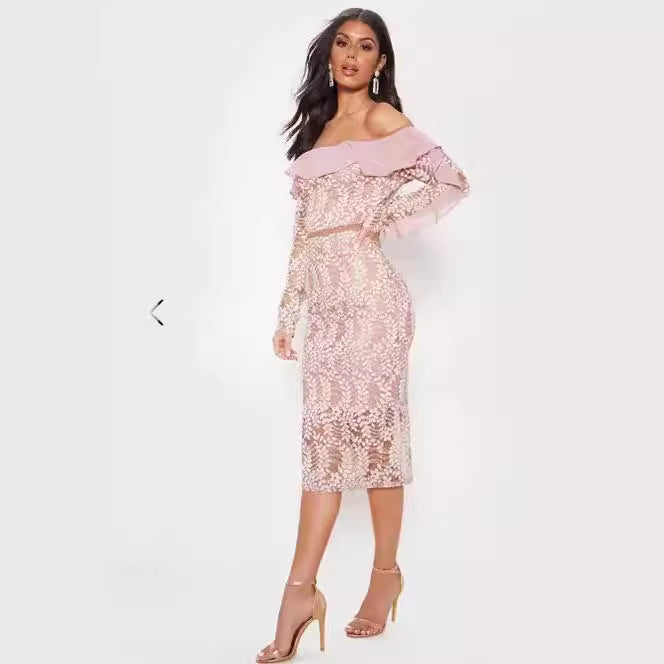 XAKXX 2025 popular Celebrity Temperament Lotus Leaf Splicing Lace One-word Shoulder Buttocks Dress Off-the-Shoulder Evening Dress