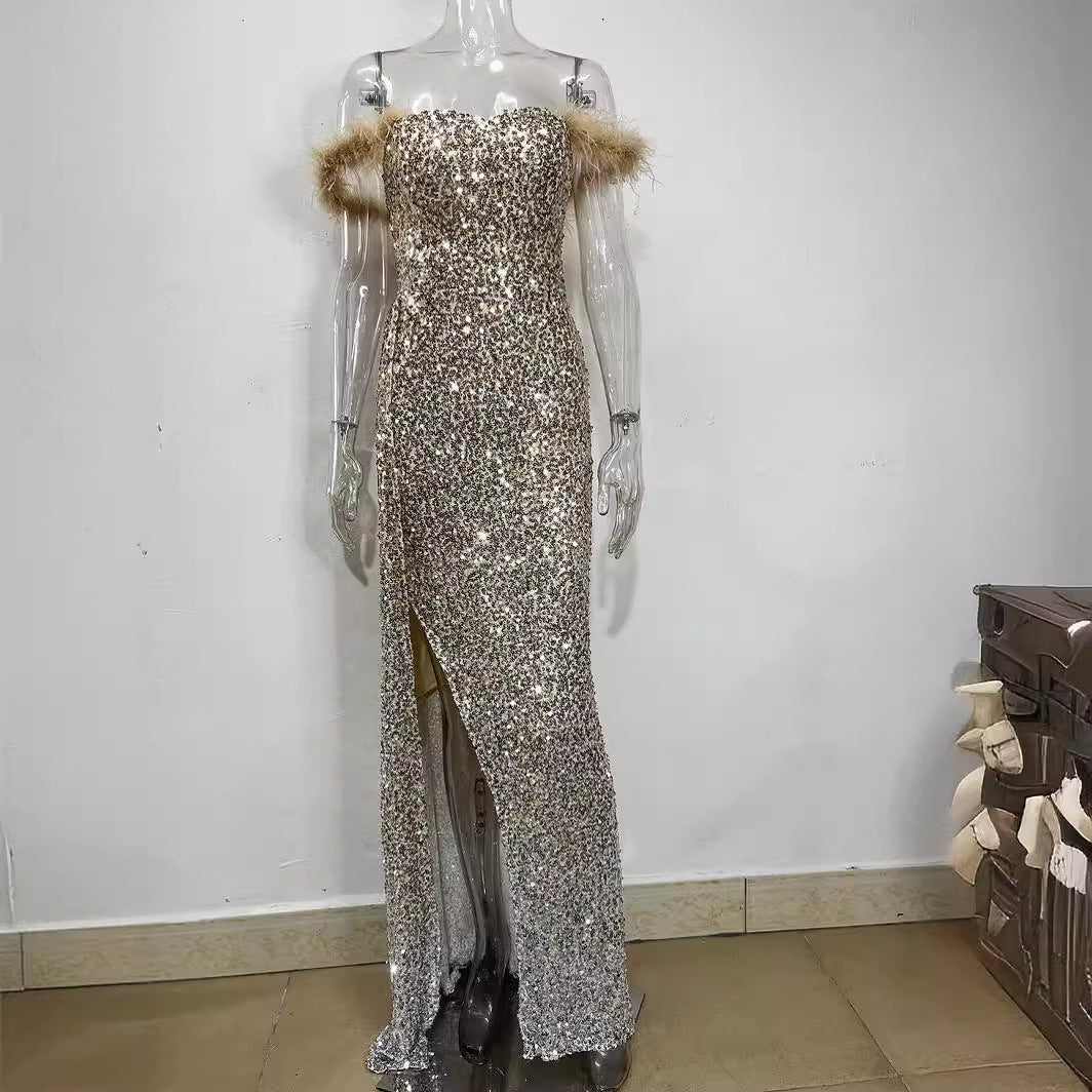 2025 Europe and America Cross Border New Factory Direct Sales Tube Top Feather Sequins Slim Fit Dress Long Dress Evening Dress