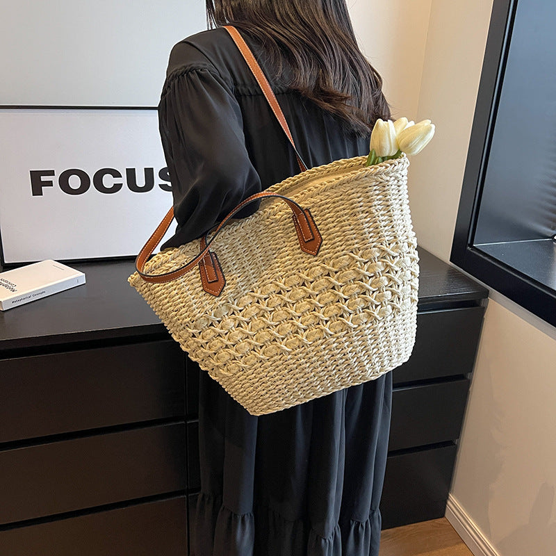 2025 Straw bag ins simple woven tote bag shoulder portable large-capacity women's bag summer vacation beach bag